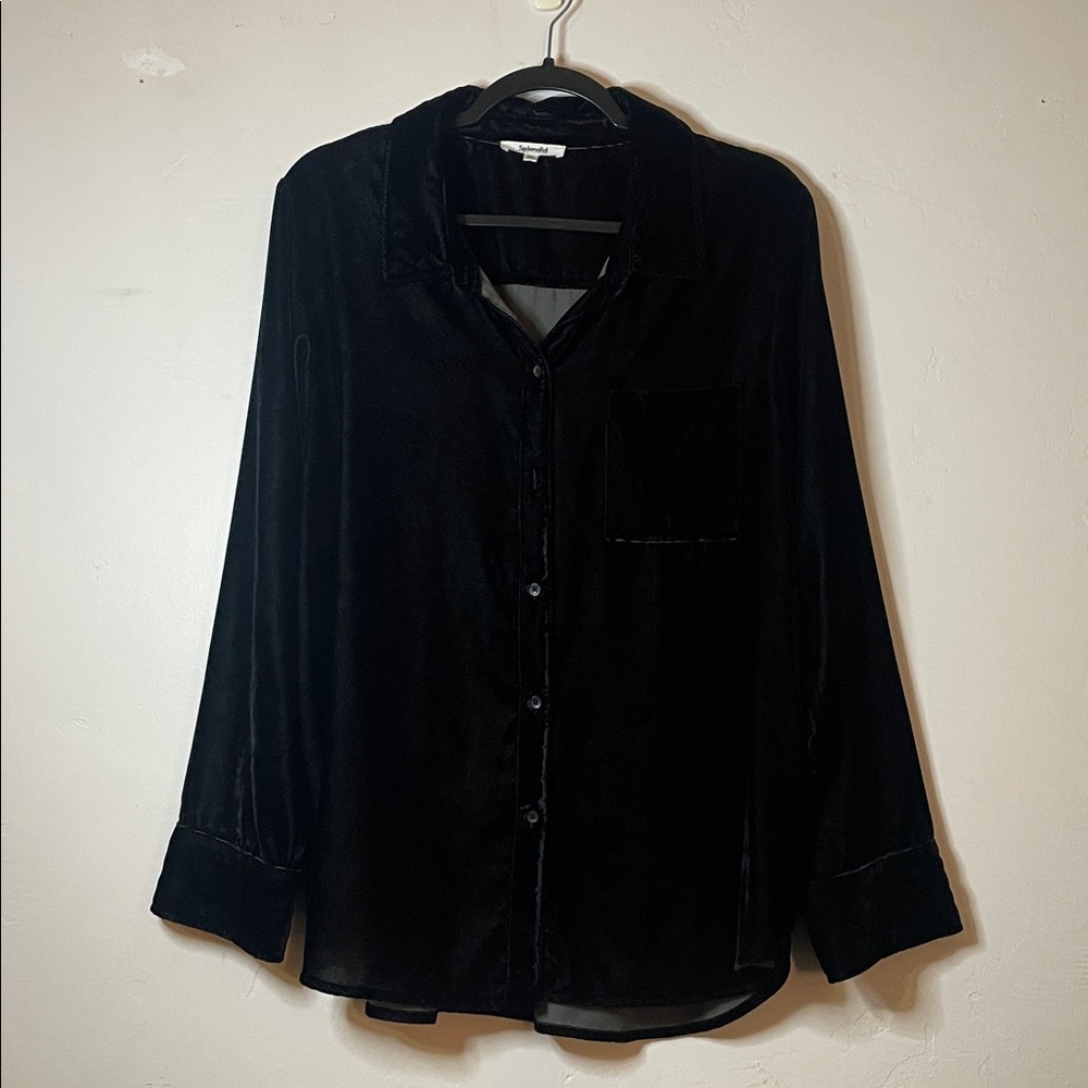 Splendid Collection Black Velvet Long Sleeve Button Up Blouse Size XL